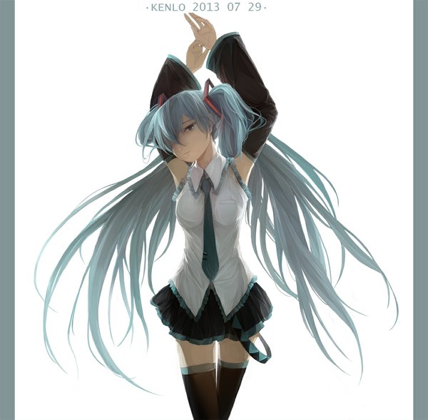 Anime picture 1137x1117 with original vocaloid hatsune miku kenlo single fringe simple background white background twintails very long hair aqua eyes hair over one eye aqua hair zettai ryouiki girl skirt detached sleeves necktie