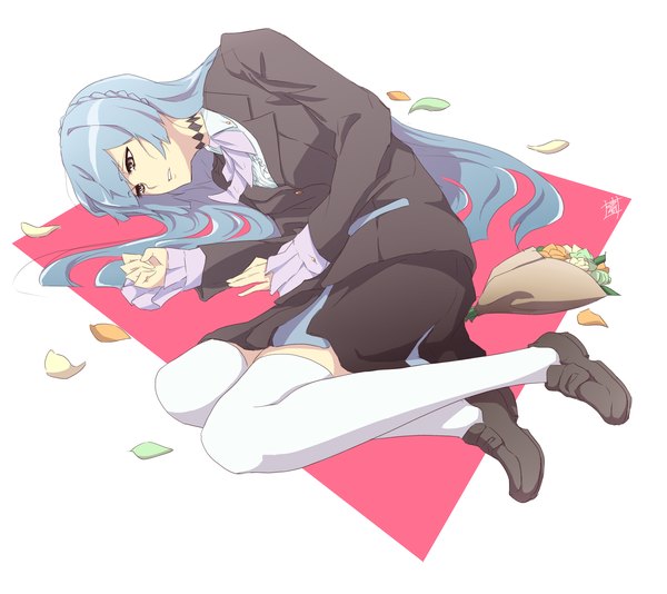 Anime picture 1652x1472 with kiznaiver studio trigger sonozaki noriko shao (newton) single long hair fringe simple background white background brown eyes signed blue hair looking away full body bent knee (knees) lying girl thighhighs flower (flowers) white thighhighs