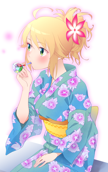 Anime picture 750x1200 with idolmaster hoshii miki maru (sara duke) single long hair tall image blush fringe simple background blonde hair white background sitting holding green eyes payot looking away ahoge ponytail traditional clothes japanese clothes