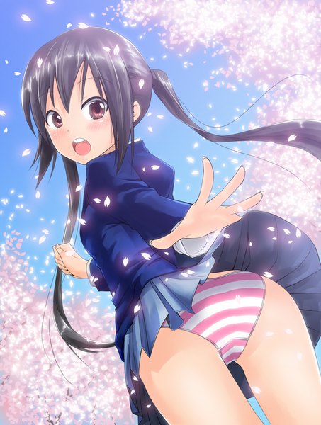 Anime picture 718x950 with k-on! kyoto animation nakano azusa tsunbeji single long hair tall image blush open mouth light erotic black hair twintails brown eyes sky pleated skirt looking back from below cherry blossoms upskirt girl
