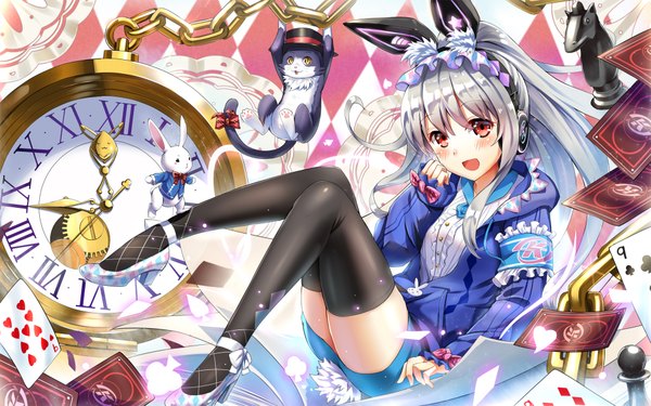 Anime picture 1920x1200 with k.r.t.girls nana (krt girls) qian wu atai long hair looking at viewer blush fringe highres open mouth red eyes animal ears yellow eyes silver hair bent knee (knees) ponytail open jacket bunny ears zettai ryouiki happy hand on face