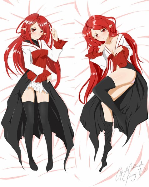 Anime picture 900x1131 with dungeon and fighter kimmy77 long hair tall image blush light erotic red eyes full body red hair pointy ears pantyshot embarrassed dakimakura (medium) dual persona girl thighhighs dress underwear panties black thighhighs