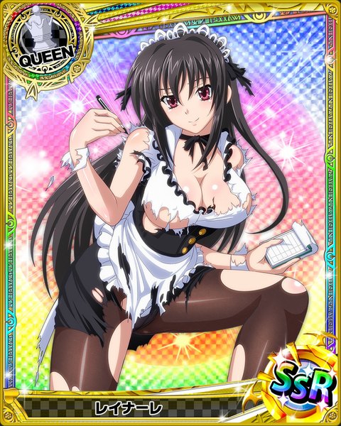 Anime picture 640x800 with highschool dxd raynare (dxd) long hair tall image fringe breasts light erotic black hair smile hair between eyes red eyes large breasts cleavage maid pantyshot torn clothes card (medium) girl dress uniform