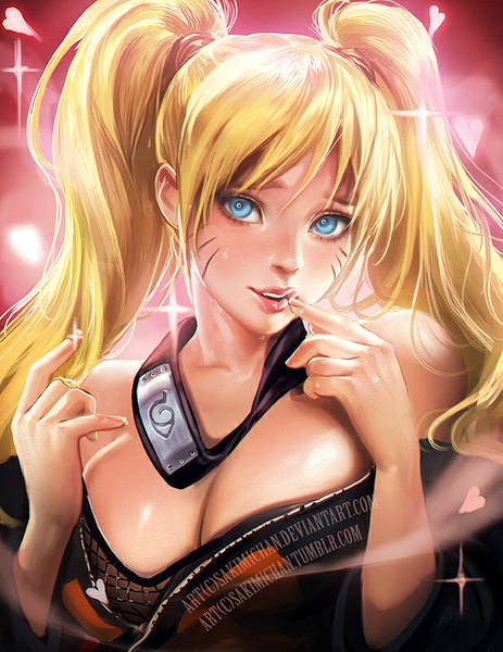 Anime picture 618x800 with naruto studio pierrot naruto (series) uzumaki naruto naruko sakimichan single long hair tall image looking at viewer fringe breasts blue eyes light erotic blonde hair hair between eyes large breasts twintails bare shoulders signed