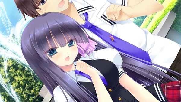 Anime picture 1280x720 with gangsta alcadia mizugaki koori miyasu risa long hair blush short hair open mouth blue eyes black hair wide image blue hair game cg couple girl boy uniform school uniform