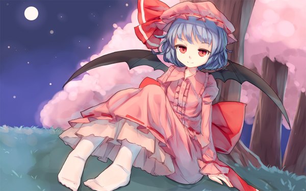 Anime picture 1440x900 with touhou remilia scarlet shone single looking at viewer fringe short hair smile sitting blue hair dutch angle no shoes cherry blossoms bat wings spring girl dress plant (plants) wings tree (trees)