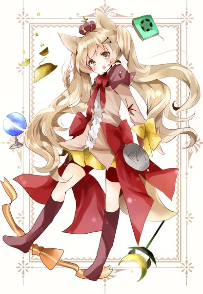 Anime picture 1317x1898 with original tsukiyo (skymint) single long hair tall image looking at viewer blush open mouth blonde hair standing twintails brown eyes animal ears tail animal tail fox ears fox tail fox girl standing on one leg framed