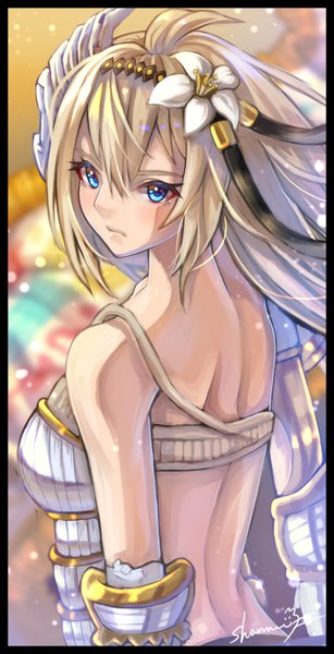 Anime picture 1050x2050 with granblue fantasy jeanne d'arc (granblue fantasy) sa-mu single long hair tall image fringe blue eyes blonde hair hair between eyes bare shoulders signed payot looking away upper body ahoge wind back turning head framed