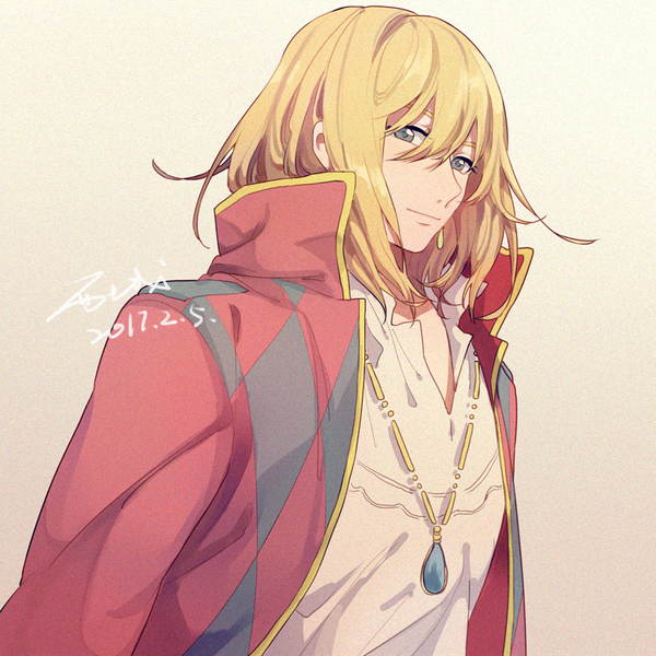 Anime picture 800x800 with howl's moving castle studio ghibli howl xi yuu single fringe short hair simple background blonde hair hair between eyes signed looking away upper body grey background grey eyes dated boy earrings pendant