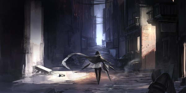 Anime picture 1595x797 with original pixiv fantasia pixiv fantasia t swd3e2 single wide image outdoors wind from behind sunlight shadow walking sketch twilight alley girl weapon sword scarf hood