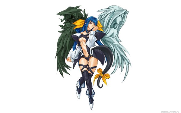 Anime picture 1920x1200 with guilty gear dizzy (guilty gear) undine (guilty gear) necro (guilty gear) long hair highres red eyes wide image white background blue hair tail center opening girl navel bow hair bow shoes