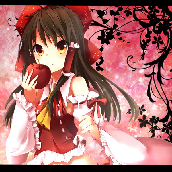 Anime picture 1000x1000 with touhou hakurei reimu ao ringo (artist) single long hair looking at viewer black hair red eyes bare shoulders girl bow hair bow detached sleeves insect butterfly apple