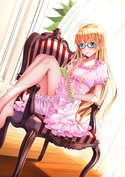 Anime picture 1102x1560 with saenai heroine no sodatekata a-1 pictures sawamura spencer eriri swordsouls single long hair tall image blush blue eyes blonde hair bare legs girl dress glasses armchair