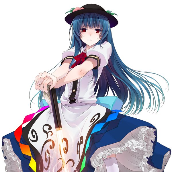 Anime picture 1470x1470 with touhou hinanawi tenshi single long hair looking at viewer simple background red eyes white background blue hair girl dress weapon hat sword katana hisou no tsurugi