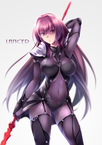 Anime picture 1100x1565 with fate (series) fate/grand order scathach (fate) (all) scathach (fate) kokutou single long hair tall image fringe breasts light erotic simple background hair between eyes large breasts standing purple hair pink eyes grey background erect nipples character names