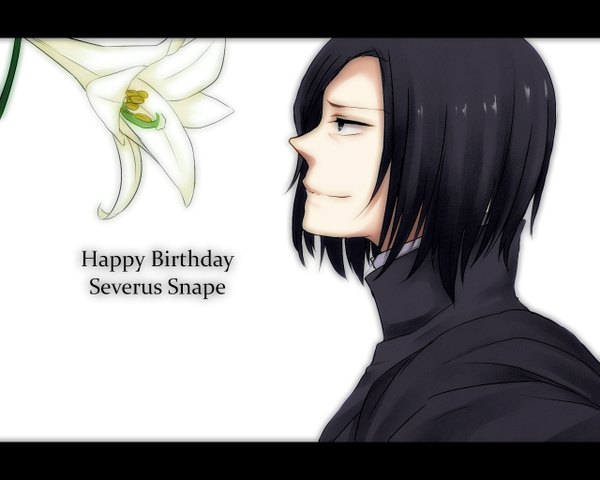 Anime picture 1280x1024 with harry potter severus snape 74 t n (artist) single black hair white background profile boy flower (flowers) lily (flower)