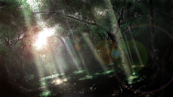 Anime picture 1920x1080 with original tsuruzen highres wide image sunlight lens flare no people landscape sunbeam nature plant (plants) tree (trees) forest