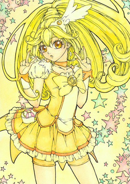 Anime picture 748x1062 with precure smile precure! toei animation kise yayoi cure peace sayococco single long hair tall image looking at viewer blonde hair yellow eyes ponytail victory yellow background magical girl traditional media girl hair ornament bow