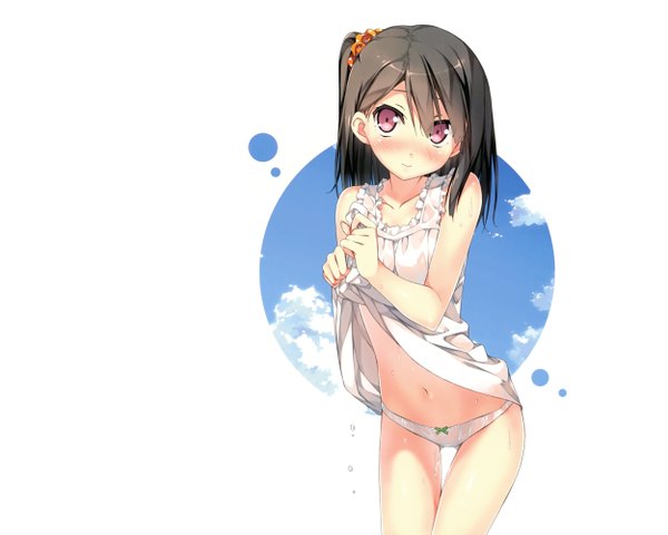 Anime picture 2500x2000 with 5 nenme no houkago (artbook) shizuku (kantoku) kantoku single long hair blush highres breasts light erotic black hair white background cloud (clouds) pink eyes embarrassed one side up wet clothes dress lift girl dress navel