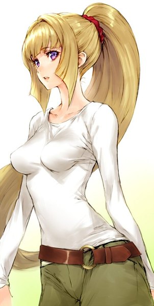 Anime picture 461x914 with mobile suit gundam gundam tekketsu no orphans sunrise (studio) kudelia aina bernstein makimura shunsuke single long hair tall image breasts blonde hair simple background white background purple eyes payot looking away ponytail blunt bangs parted lips girl