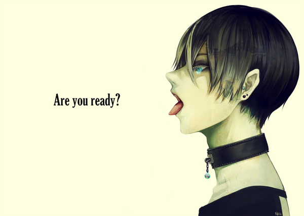 Anime picture 1330x950 with original nell (hazy) single short hair open mouth black hair simple background signed profile aqua eyes inscription text english boy earrings tongue collar