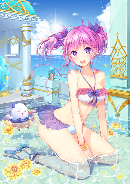 Anime picture 700x989 with elsword aisha landar pinb single tall image looking at viewer blush short hair open mouth light erotic purple eyes purple hair girl flower (flowers) bow swimsuit hair bow bikini petals water