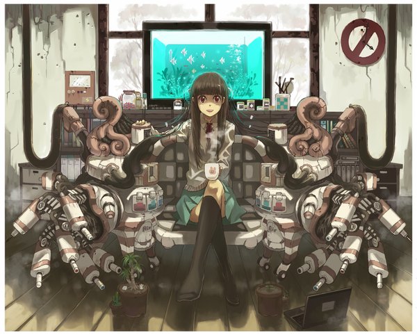 Anime picture 2000x1607 with imoman (artist) single long hair highres red eyes brown hair sitting barefoot mechanical girl skirt uniform plant (plants) school uniform fish (fishes) cup traffic sign paint laptop aquarium