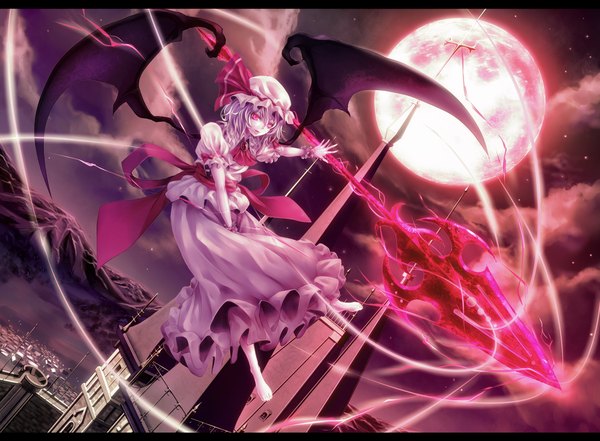 Anime picture 1600x1176 with touhou remilia scarlet izayoi-saki single short hair red eyes silver hair cloud (clouds) letterboxed mountain red moon girl dress weapon wings frills bonnet spear spear the gungnir