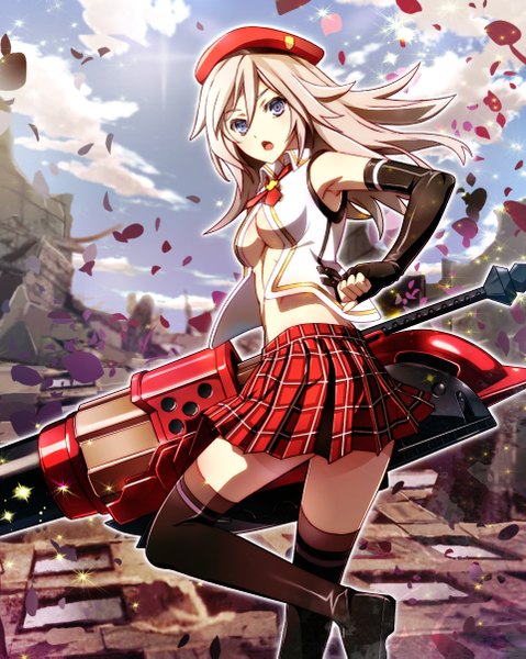 Anime picture 960x1203 with god eater burst god eater 2 alisa ilinichina amiella nyoronyoro single long hair tall image looking at viewer open mouth blue eyes blonde hair plaid skirt ruins girl thighhighs skirt gloves weapon miniskirt petals