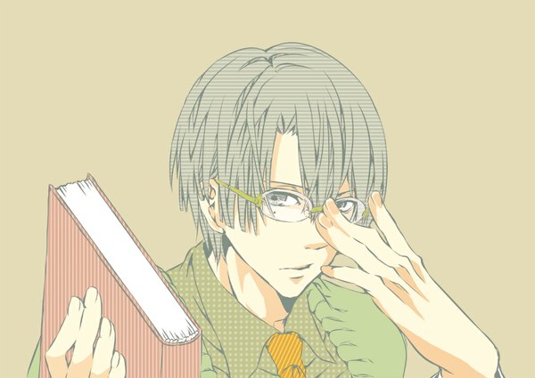 Anime picture 1012x717 with uta no prince-sama a-1 pictures hijirikawa masato single looking at viewer short hair simple background holding grey hair mole grey eyes mole under eye striped polka dot adjusting glasses boy glasses necktie book (books)