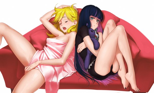 Anime picture 1650x999 with panty & stocking with garterbelt anarchy stocking anarchy panty honekoneko revolmxd long hair blush open mouth light erotic simple background blonde hair wide image white background sitting multiple girls green eyes looking away pink hair purple hair eyes closed