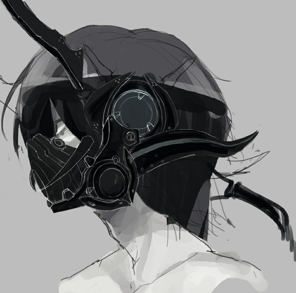 Anime picture 1000x990 with original tmt (pixiv) single short hair simple background bare shoulders profile grey hair grey background grey eyes monochrome boy mask gas mask