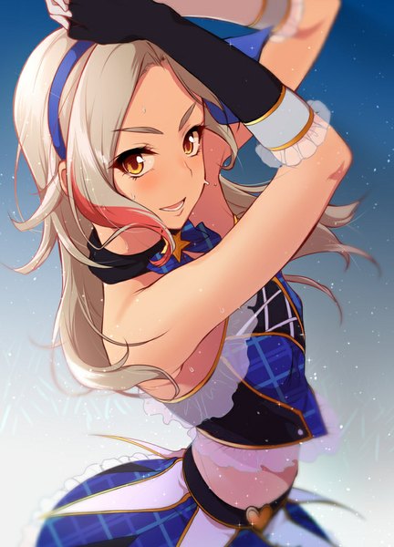 Anime picture 742x1031 with aikatsu! kurosawa rin pochi (pochi-goya) single long hair tall image looking at viewer blush breasts open mouth blonde hair from above bare belly orange eyes sleeveless gradient background happy looking up eyebrows arched back