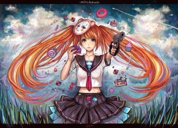 Anime picture 3362x2429 with original mirukawa single long hair highres blue eyes twintails green eyes signed absurdres sky cloud (clouds) very long hair pleated skirt orange hair midriff mask on head girl uniform plant (plants)