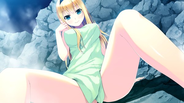 Anime picture 1280x720 with hyouka no mau sora ni alictia bright long hair blue eyes light erotic blonde hair wide image game cg steam naked towel girl hairband towel onsen
