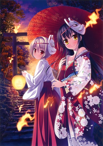 Anime picture 3265x4600 with original eshi 100-nin ten yamakaze ran long hair tall image looking at viewer blush highres short hair black hair blonde hair smile red eyes multiple girls yellow eyes absurdres traditional clothes japanese clothes mask on head girl