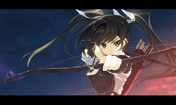 Anime picture 1920x1154 with kantai collection zuikaku aircraft carrier nakamura takeshi single long hair looking at viewer highres black hair wide image twintails green eyes girl ribbon (ribbons) weapon hair ribbon bow (weapon) arrow (arrows)