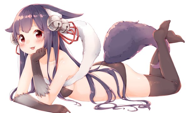 Anime picture 1800x1089 with granblue fantasy yuel (granblue fantasy) manatsuki manata single long hair looking at viewer blush highres open mouth light erotic simple background smile red eyes wide image white background animal ears purple hair bent knee (knees) tail lying