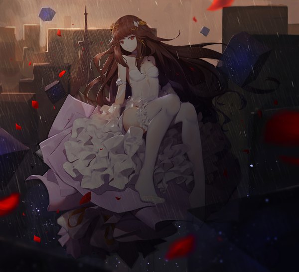 Anime picture 2000x1823 with original niharu single long hair looking at viewer highres light erotic red eyes brown hair sitting bare shoulders cleavage full body rain girl thighhighs dress hair ornament petals white thighhighs
