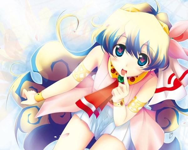 Anime picture 1280x1024 with tengen toppa gurren lagann gainax nia teppelin luna lia single long hair looking at viewer blush fringe open mouth blue eyes hair between eyes sitting :d multicolored hair from above sleeveless finger to mouth symbol-shaped pupils girl