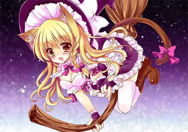 Anime picture 1238x874 with touhou kirisame marisa honoka (1399871) single long hair looking at viewer blush breasts open mouth blonde hair animal ears yellow eyes cat ears cat girl cat tail girl thighhighs dress bow white thighhighs