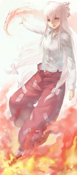 Anime picture 1030x2320 with touhou fujiwara no mokou benitama single long hair tall image looking at viewer purple eyes white hair light smile girl bow hair bow shirt fire flame