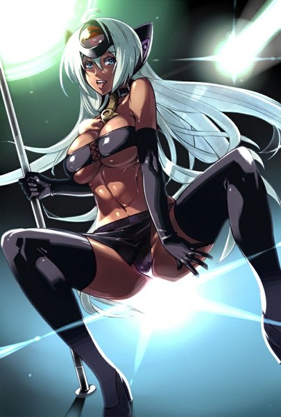 Anime picture 675x1000 with xenosaga monolith software t-elos hijiri single long hair tall image breasts open mouth blue eyes light erotic large breasts bare shoulders cleavage silver hair spread legs dark skin pole dancing striptease girl