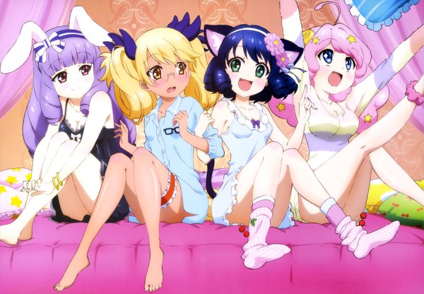Anime picture 5885x4090 with show by rock!! studio bones nyantype cyan (show by rock!!) retoree (show by rock!!) chuchu (show by rock!!) moa (show by rock!!) tagme (artist) long hair blush highres short hair open mouth light erotic blonde hair sitting multiple girls animal ears yellow eyes blue hair