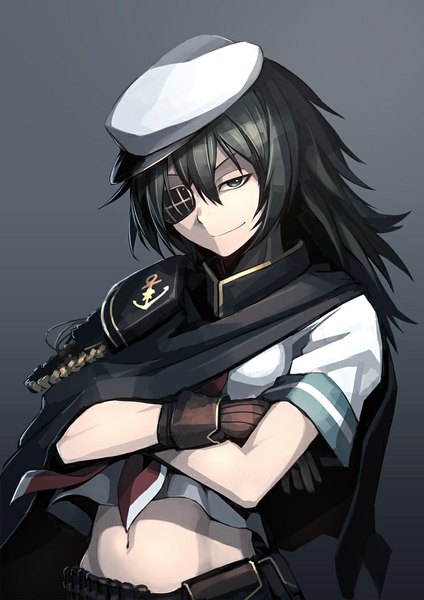 Anime picture 744x1052 with kantai collection kiso light cruiser hetza (hellshock) single long hair tall image looking at viewer black hair simple background smile grey background bare belly grey eyes crossed arms smirk girl gloves navel cape eyepatch