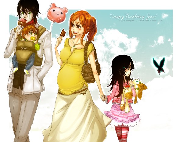 Anime picture 1200x934 with bleach studio pierrot inoue orihime ulquiorra schiffer rusky blush short hair open mouth black hair smile brown eyes green eyes profile orange hair couple holding hands hand in pocket :3 espada family