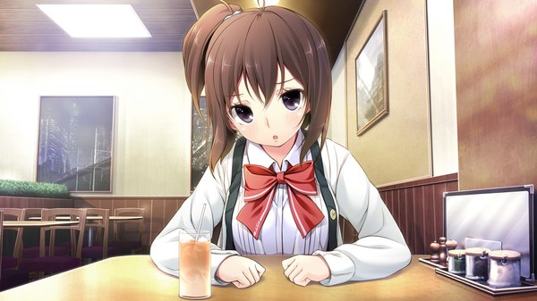 Anime picture 1280x720 with tsuisou no augment hinasaki you single looking at viewer blush short hair open mouth black hair wide image game cg ponytail black eyes side ponytail girl uniform school uniform bowtie