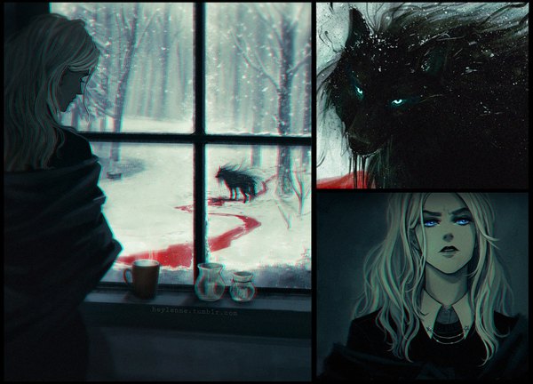 Anime picture 919x662 with original heylenne looking at viewer blue eyes blonde hair signed looking away indoors lips snowing wavy hair winter snow multiview anaglyph river comic girl animal window