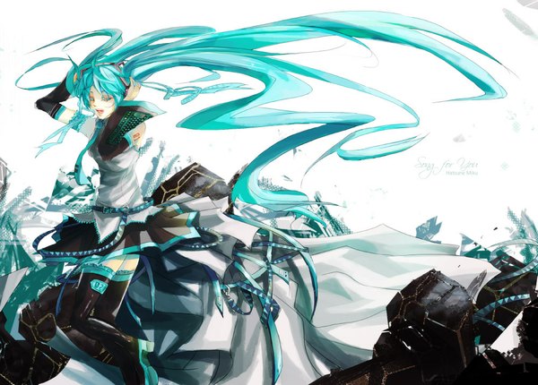 Anime picture 1000x718 with vocaloid hatsune miku miyukiko single open mouth white background twintails eyes closed very long hair pleated skirt wind aqua hair character names text english girl skirt detached sleeves boots headphones