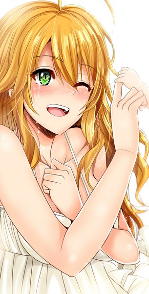 Anime picture 500x982 with idolmaster hoshii miki inu (marukome) single long hair tall image blush fringe short hair blonde hair simple background smile white background green eyes sleeveless girl dress teardrop